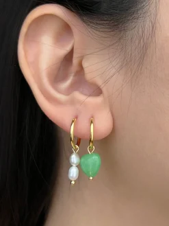 Mismatched Stone Hoop Earrings - Green Jade/Pearls