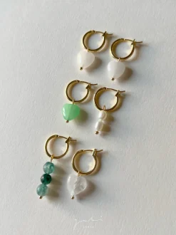Mismatched Stone Hoop Earrings - Clear Quartz/Green