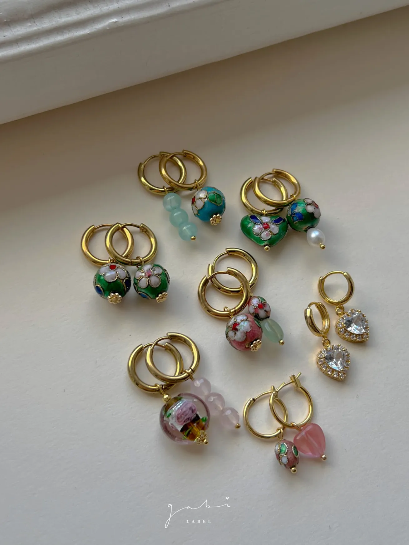 Mismatched Stone Hoop Earrings - Watermelon Pink/Cloisonne