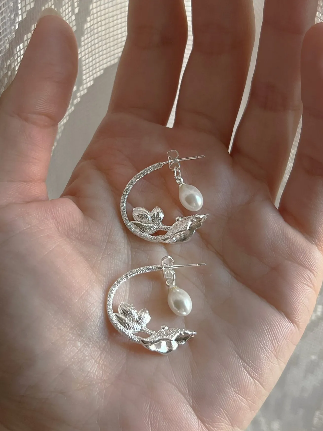 Nature’s Dance Hoops with Freshwater Pearl - White Silver