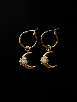 Opalescent Crescent Moon Hoops - Gold