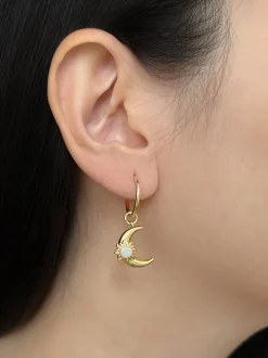 Opalescent Crescent Moon Hoops - Gold