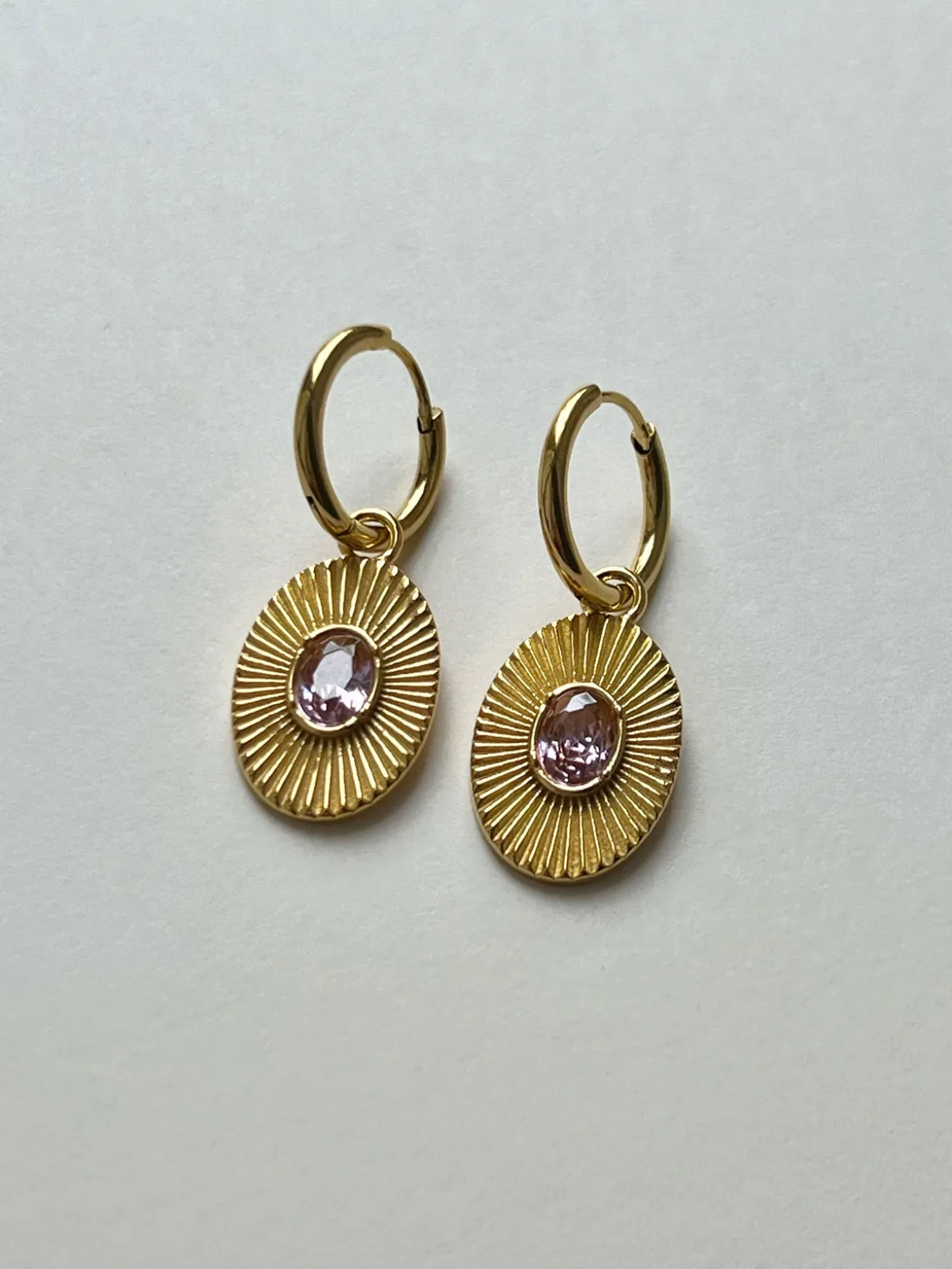 Oval Gemstone Pendant Hoops - Pink