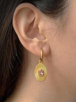 Oval Gemstone Pendant Hoops - Pink