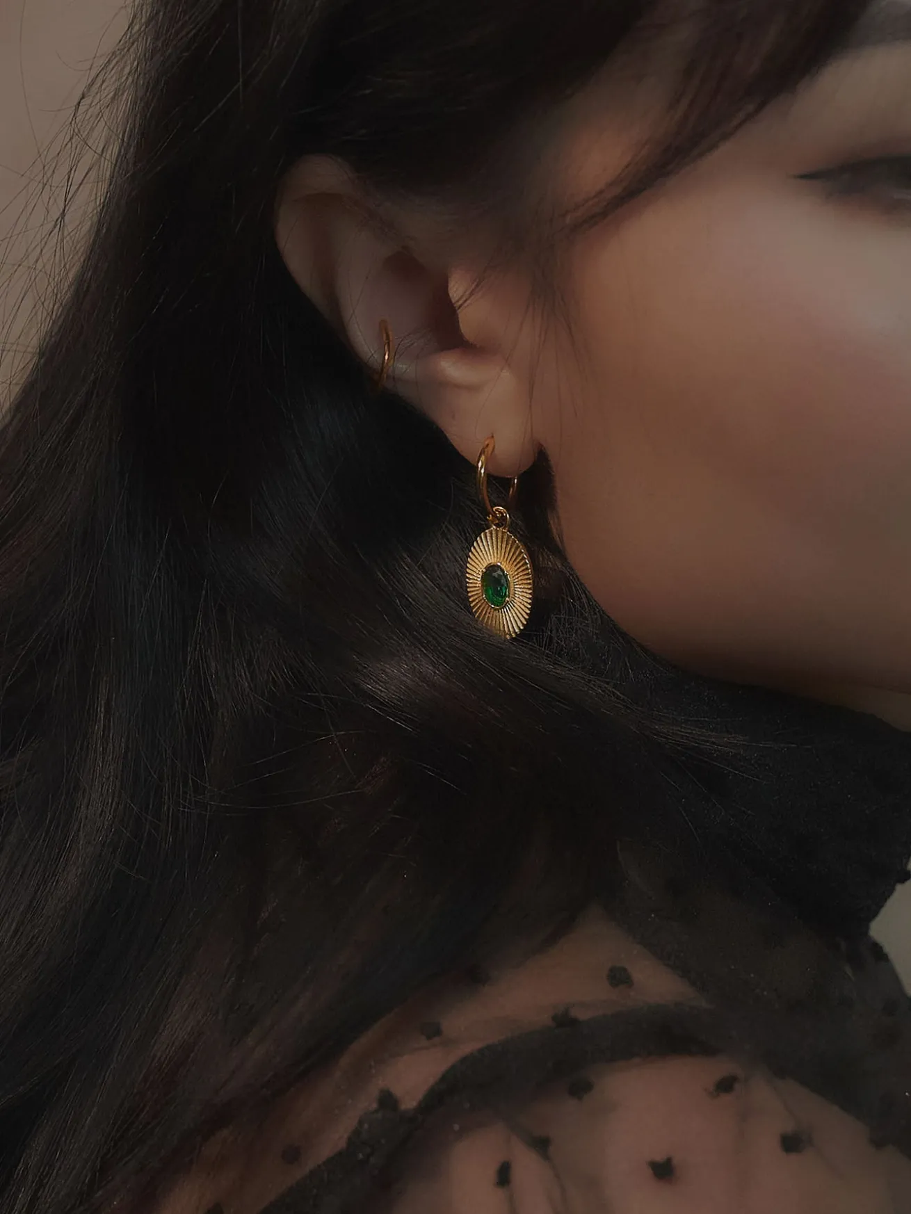 Oval Gemstone Pendant Hoops - Pink
