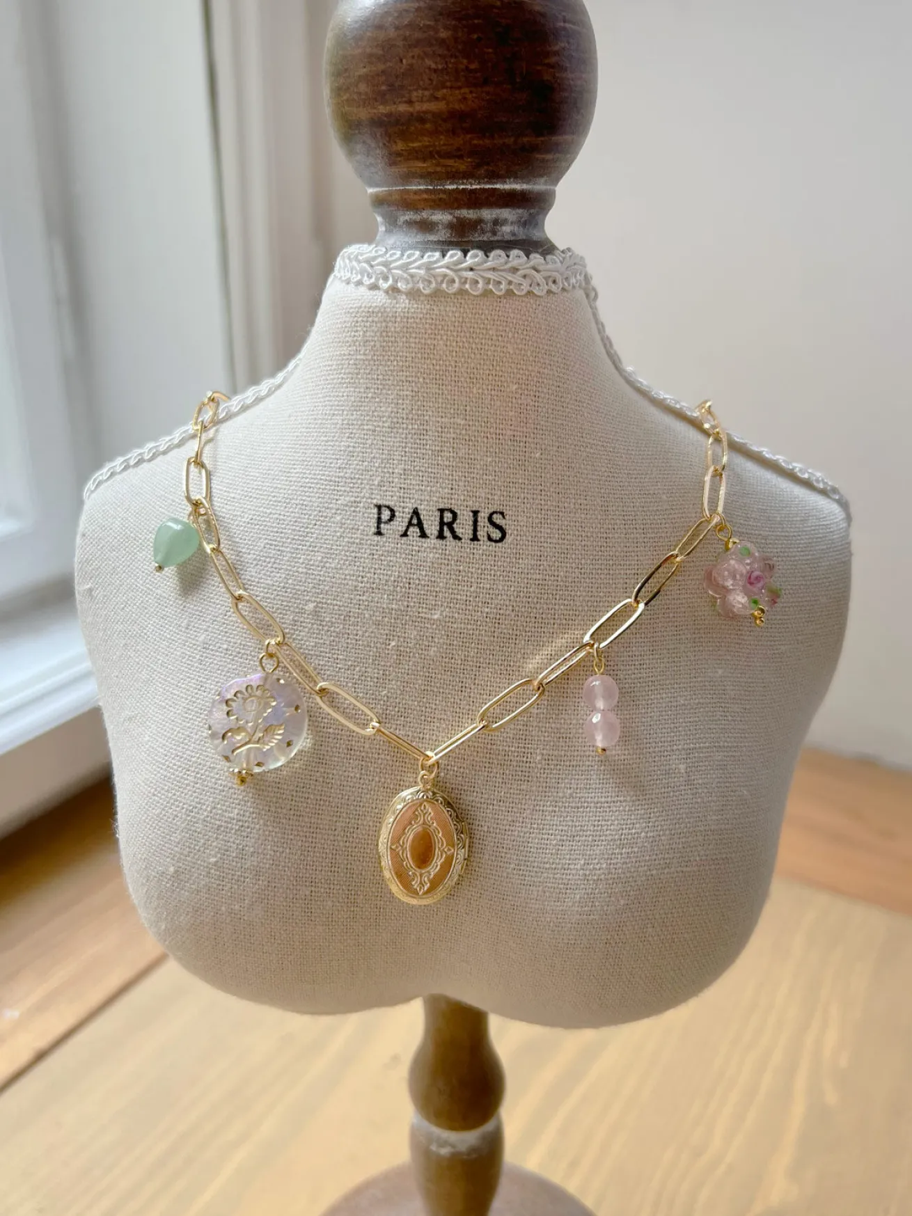 Oval Locket Charm Necklace - Glass Flower/Crystals