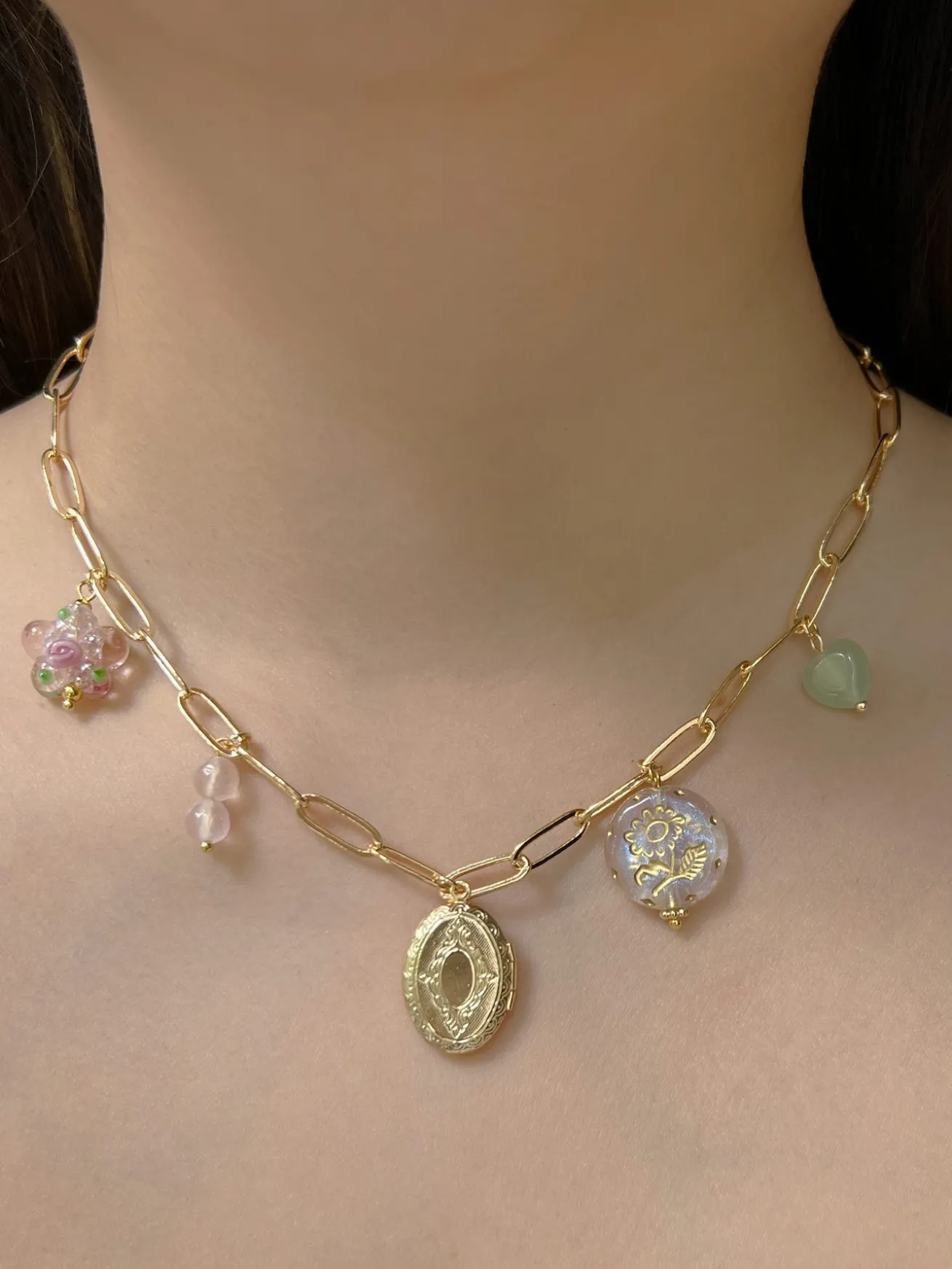 Oval Locket Charm Necklace - Glass Flower/Crystals