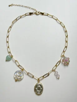 Oval Locket Charm Necklace - Glass Flower/Crystals