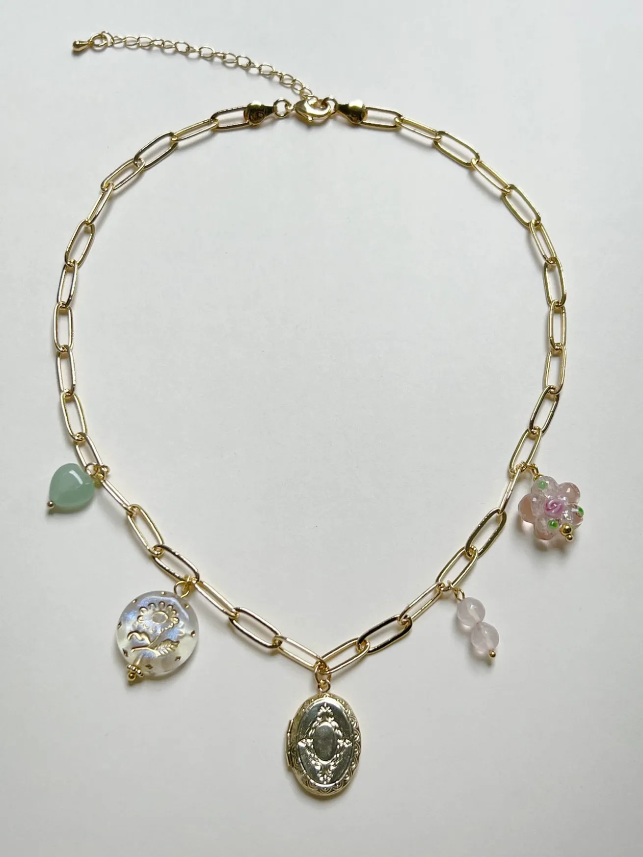 Oval Locket Charm Necklace - Glass Flower/Crystals
