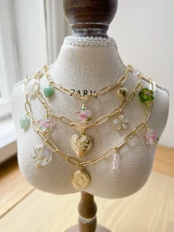Oval Locket Charm Necklace - Glass Flower/Crystals