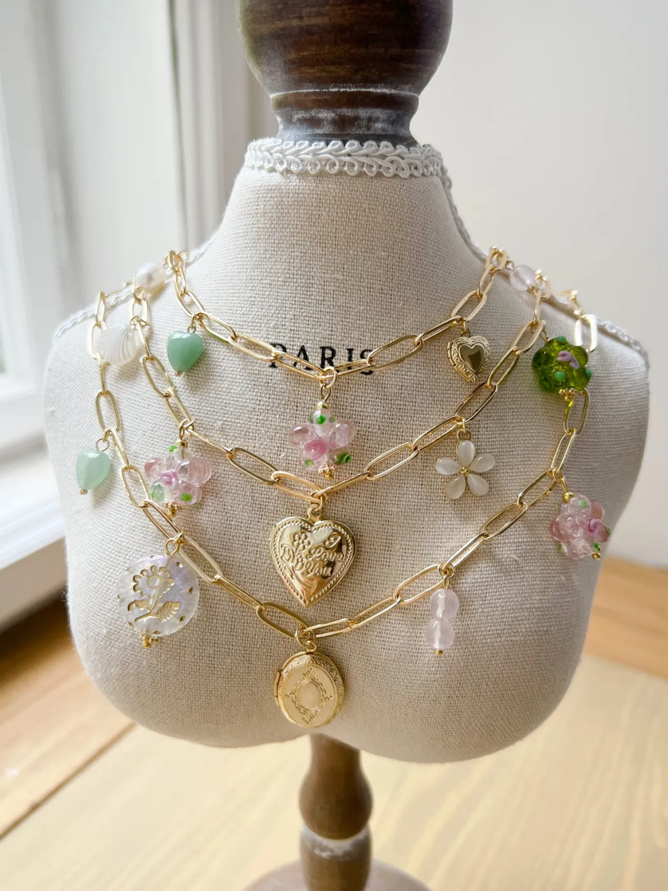 Oval Locket Charm Necklace - Glass Flower/Crystals