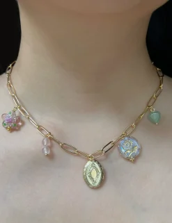 Oval Locket Charm Necklace - Glass Flower/Crystals