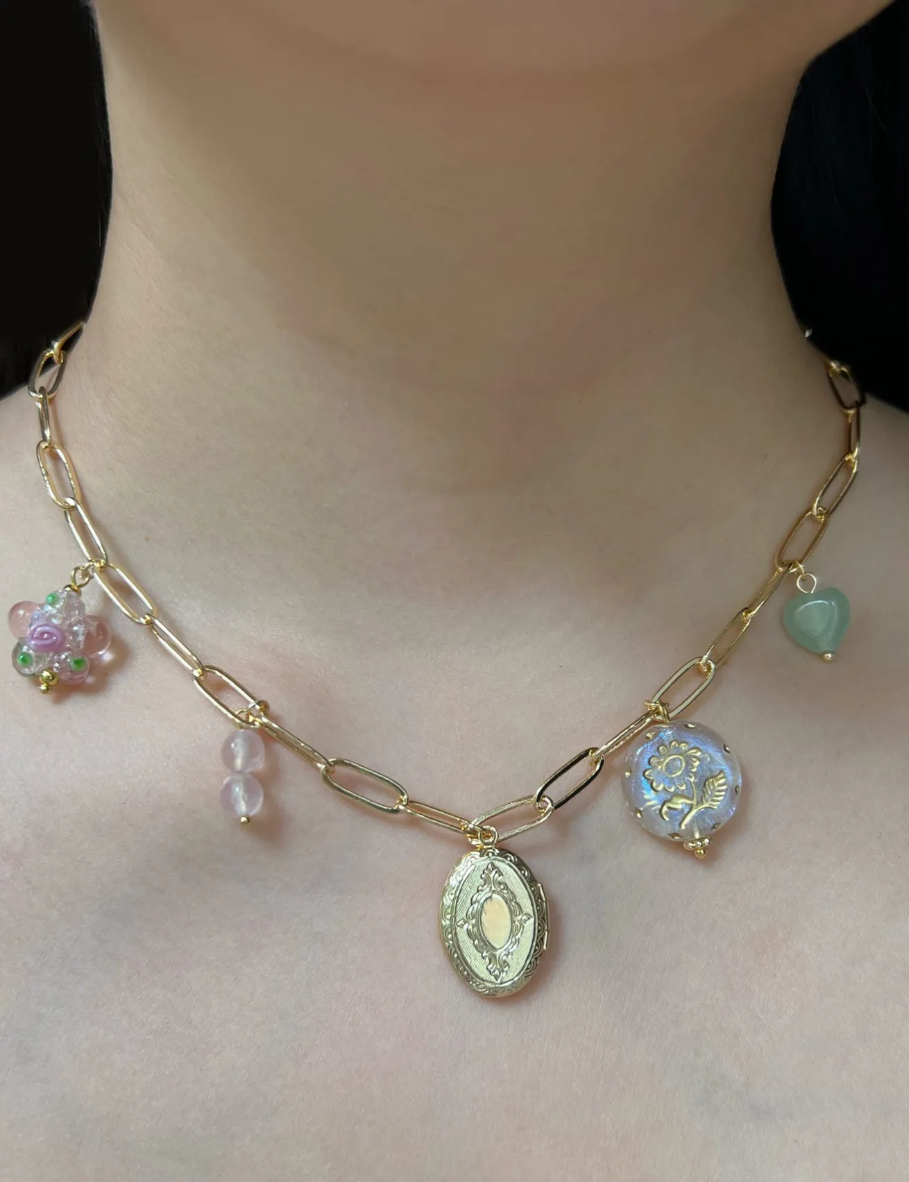 Oval Locket Charm Necklace - Glass Flower/Crystals