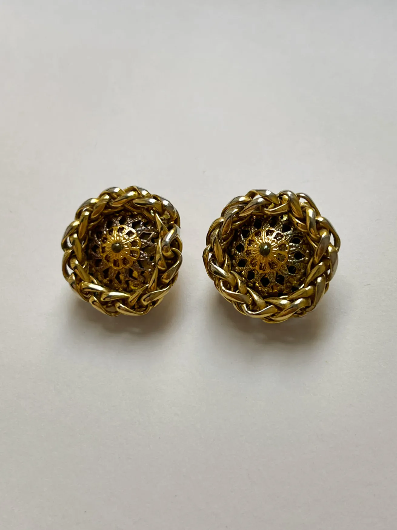 Patterned Gold Button Clip-Ons (Vintage)