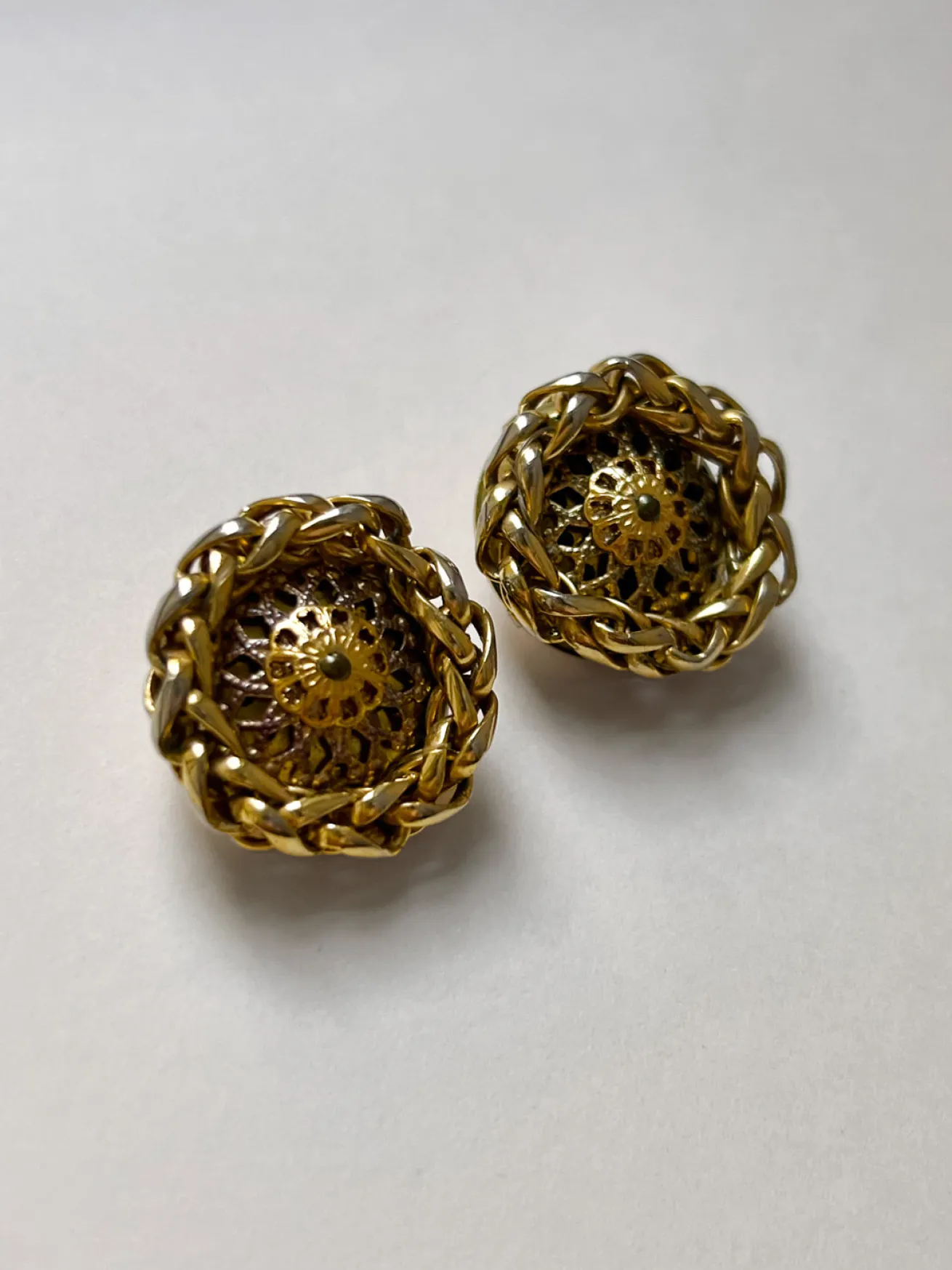 Patterned Gold Button Clip-Ons (Vintage)
