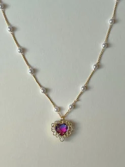 Pearl Necklace with Purple Heart Charm