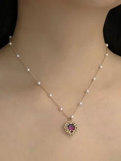 Pearl Necklace with Purple Heart Charm