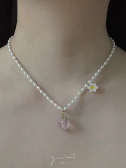 Pearl Necklace with Strawberry & Flower Pendant