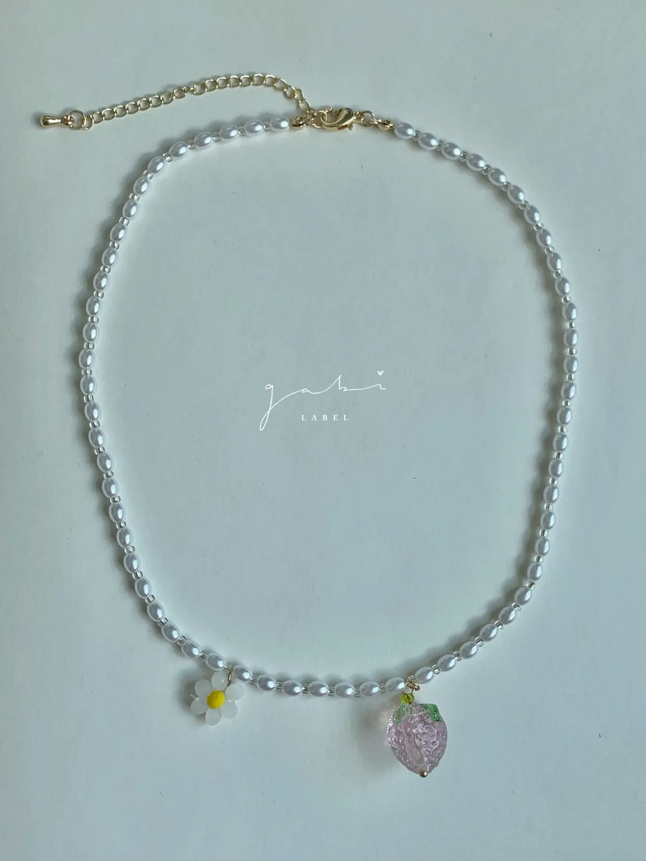 Pearl Necklace with Strawberry & Flower Pendant