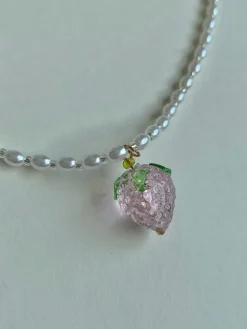 Pearl Necklace with Strawberry & Flower Pendant