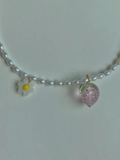 Pearl Necklace with Strawberry & Flower Pendant