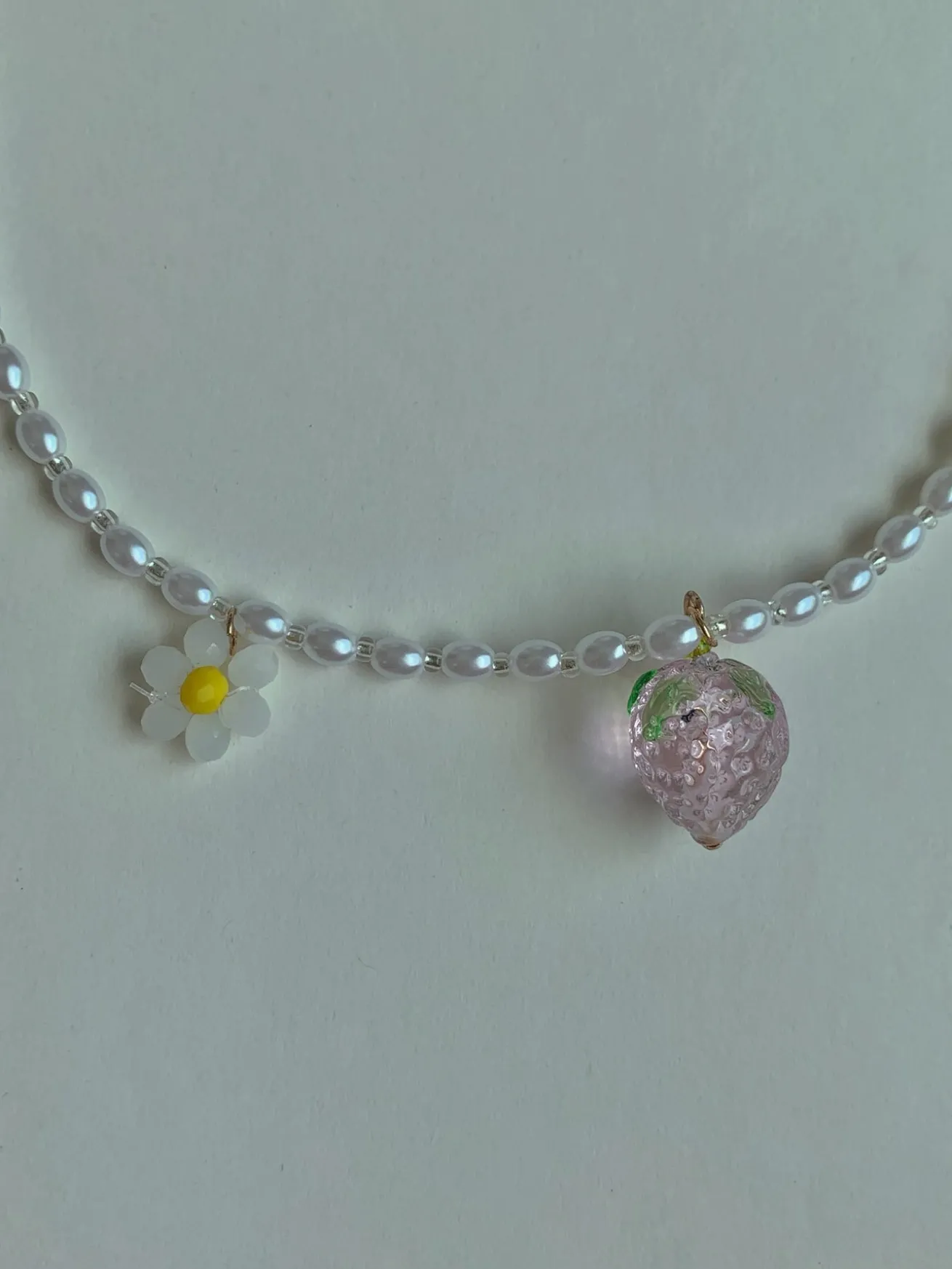 Pearl Necklace with Strawberry & Flower Pendant