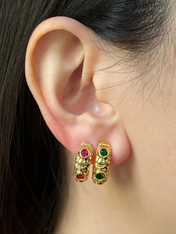 Petite Baroque Gem-encrusted Hoops - Emerald Green