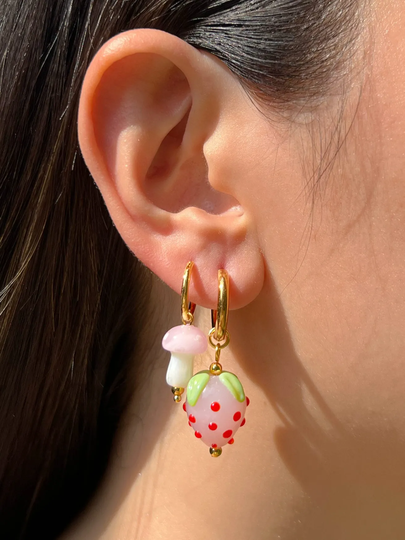 Petite Mushroom Mismatch Hoops - Pink