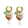 Pink Cloisonne Heart Chunky Gold Hoops - Rose Quartz/Green Aventurine