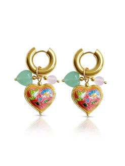 Pink Cloisonne Heart Chunky Gold Hoops - Rose Quartz/Green Aventurine