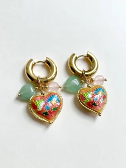 Pink Cloisonne Heart Chunky Gold Hoops - Rose Quartz/Green Aventurine