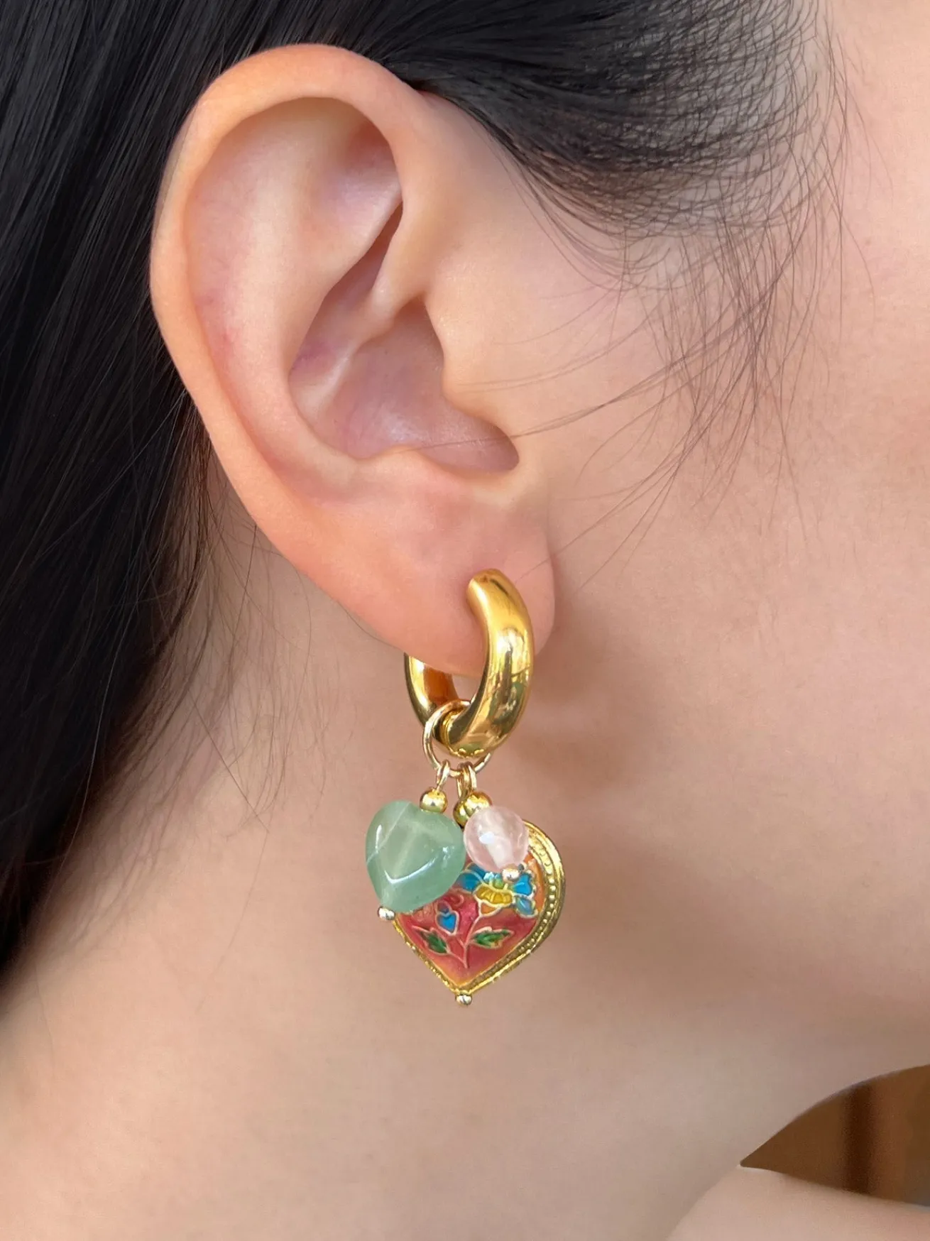 Pink Cloisonne Heart Chunky Gold Hoops - Rose Quartz/Green Aventurine