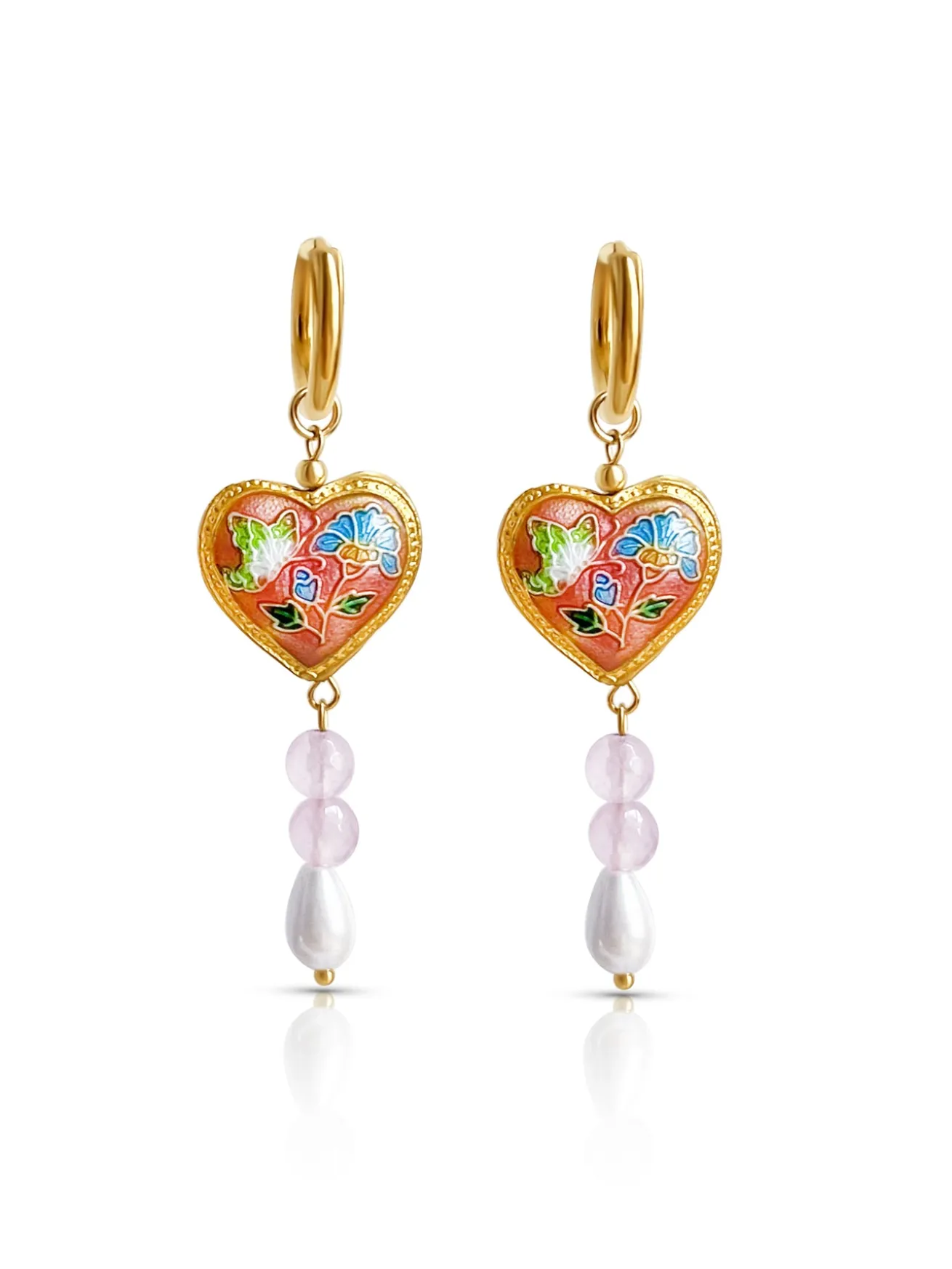 Pink Cloisonne Heart Dangling Earrings - Rose Quartz/Teardrop Pearl