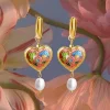 Pink Cloisonne Heart Dangling Earrings with Pearl