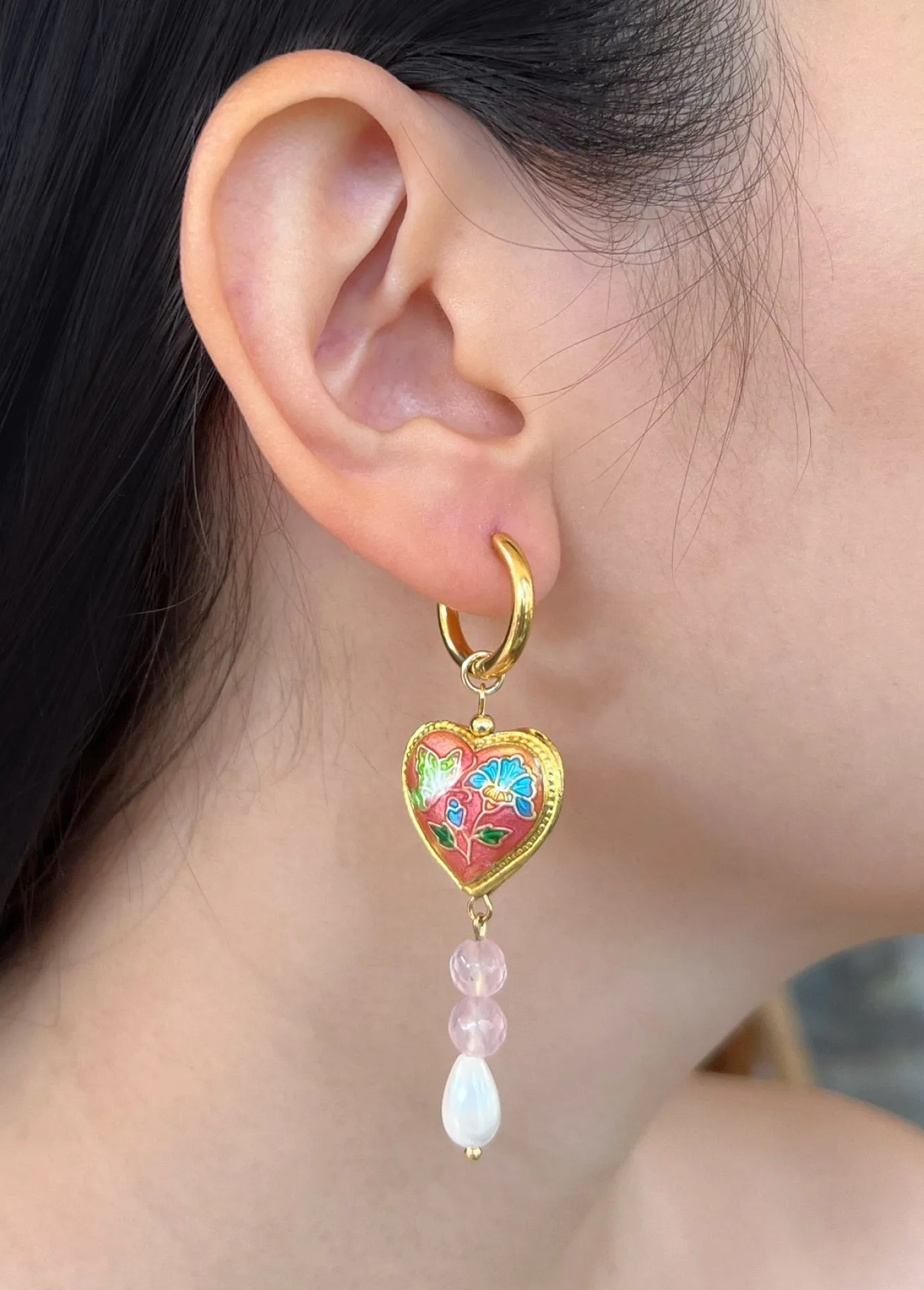 Pink Cloisonne Heart Dangling Earrings - Rose Quartz/Teardrop Pearl