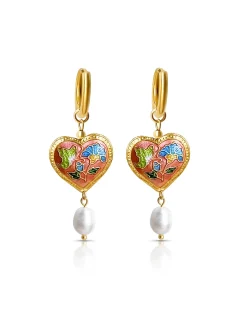 Pink Cloisonne Heart Dangling Earrings with Pearl