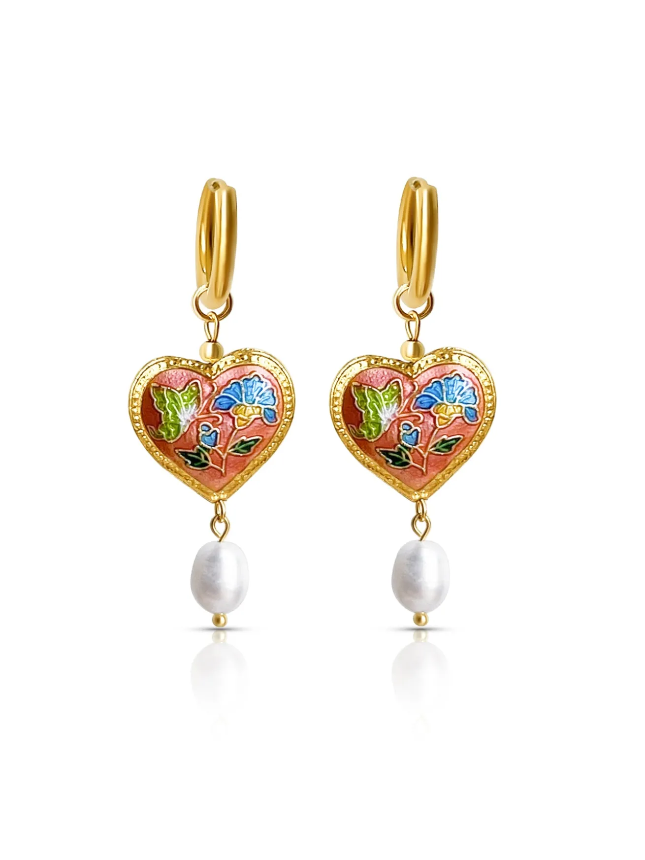 Pink Cloisonne Heart Dangling Earrings with Pearl