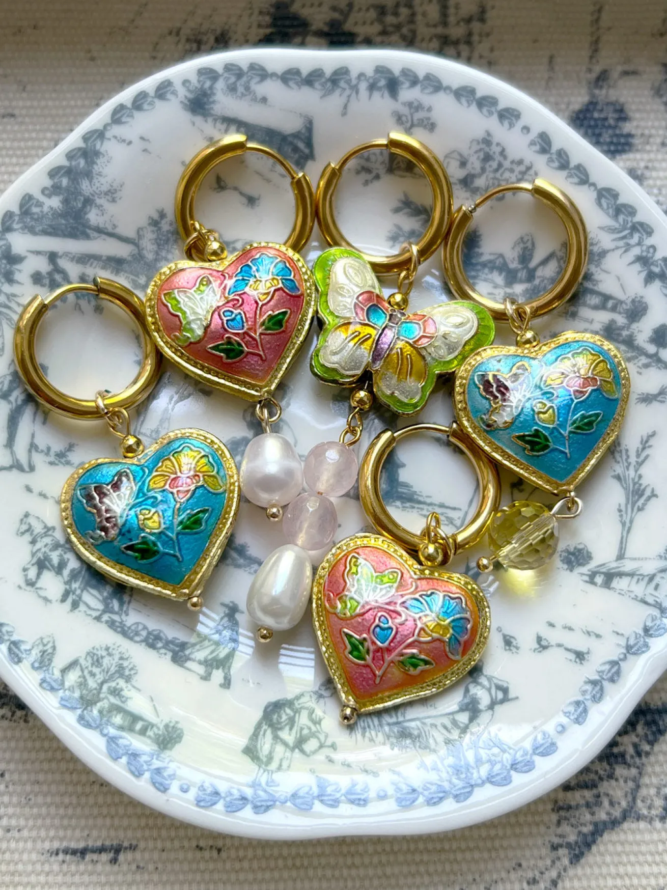 Pink Cloisonne Heart Dangling Earrings with Pearl