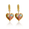 Pink Cloisonne Heart Hoops