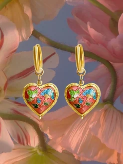 Pink Cloisonne Heart Hoops