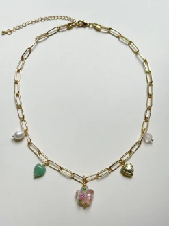 Pink Glass Flower Charm Necklace - Locket/Crystals