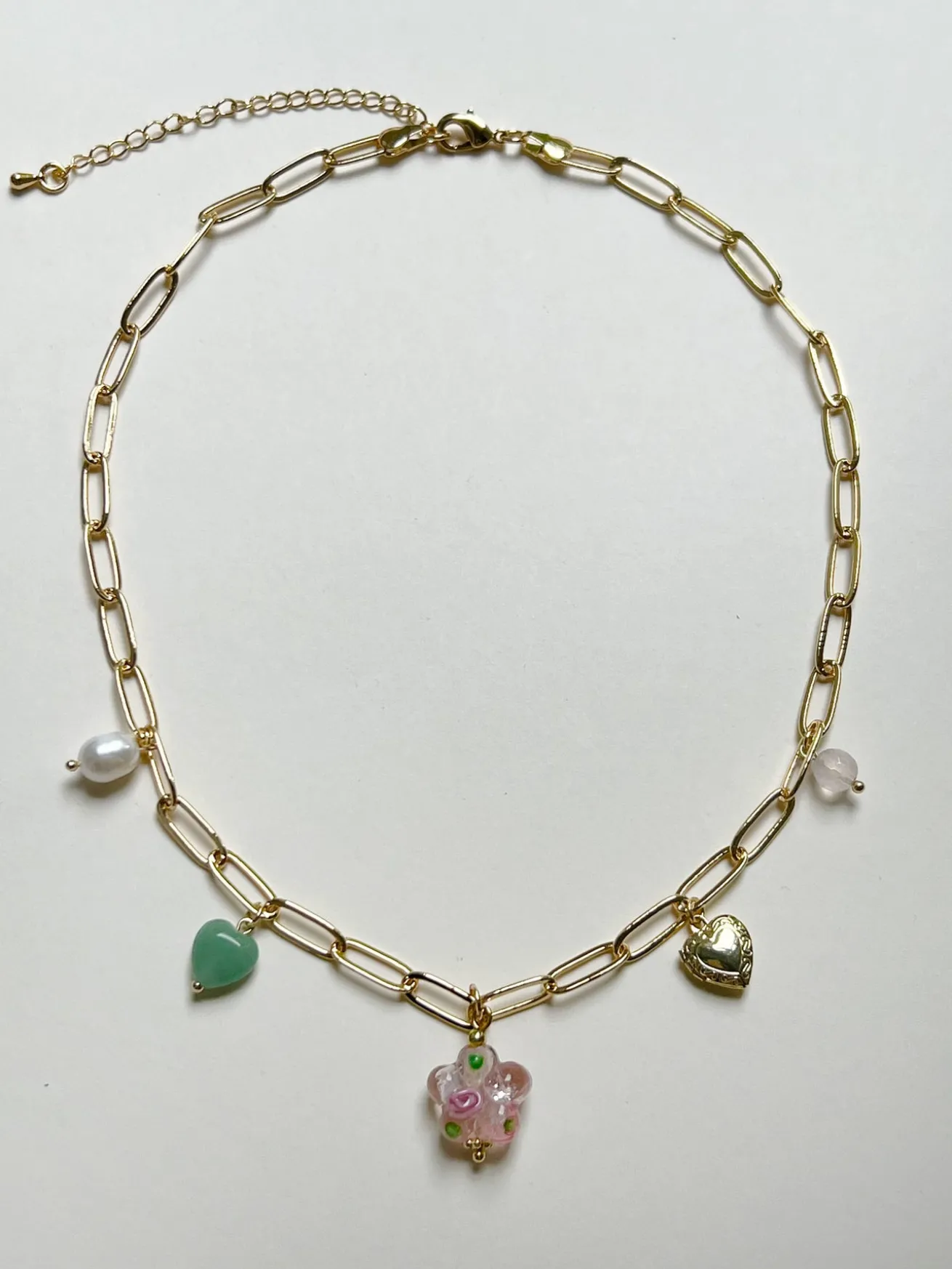 Pink Glass Flower Charm Necklace - Locket/Crystals