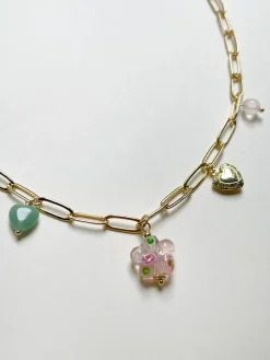 Pink Glass Flower Charm Necklace - Locket/Crystals