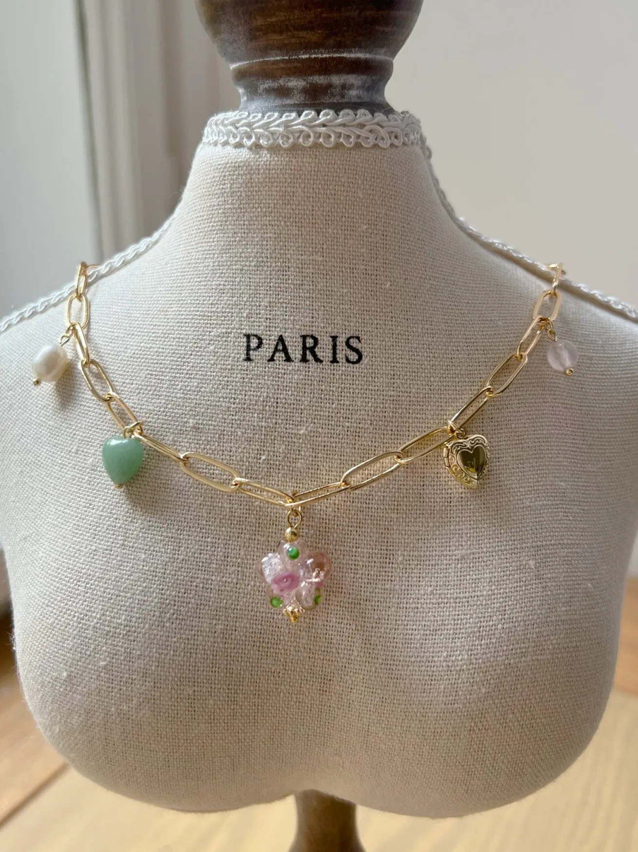 Pink Glass Flower Charm Necklace - Locket/Crystals