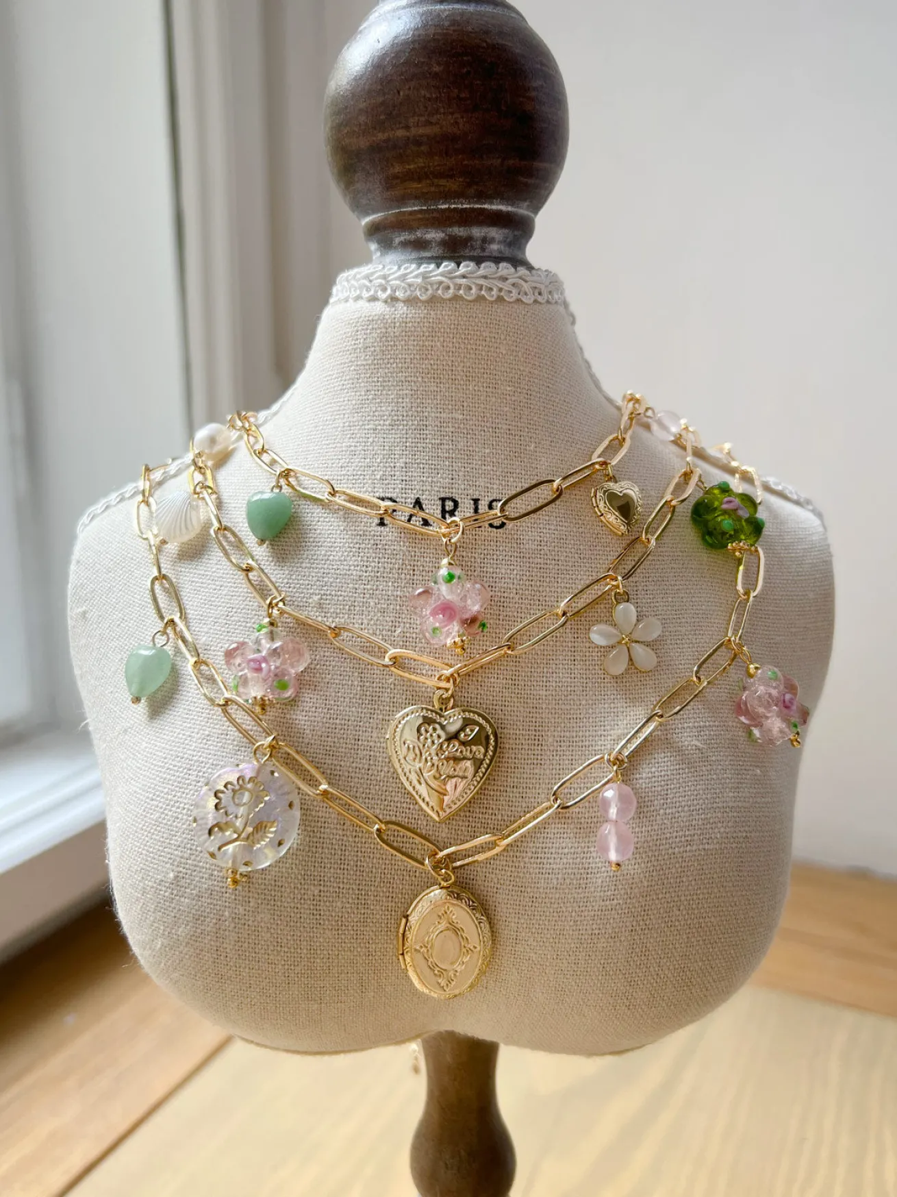 Pink Glass Flower Charm Necklace - Locket/Crystals