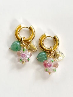 Pink Glass Flower Chunky Hoops - Heart Locket/Green Aventurine