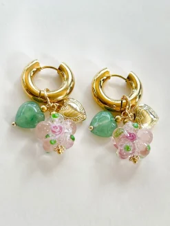 Pink Glass Flower Chunky Hoops - Heart Locket/Green Aventurine