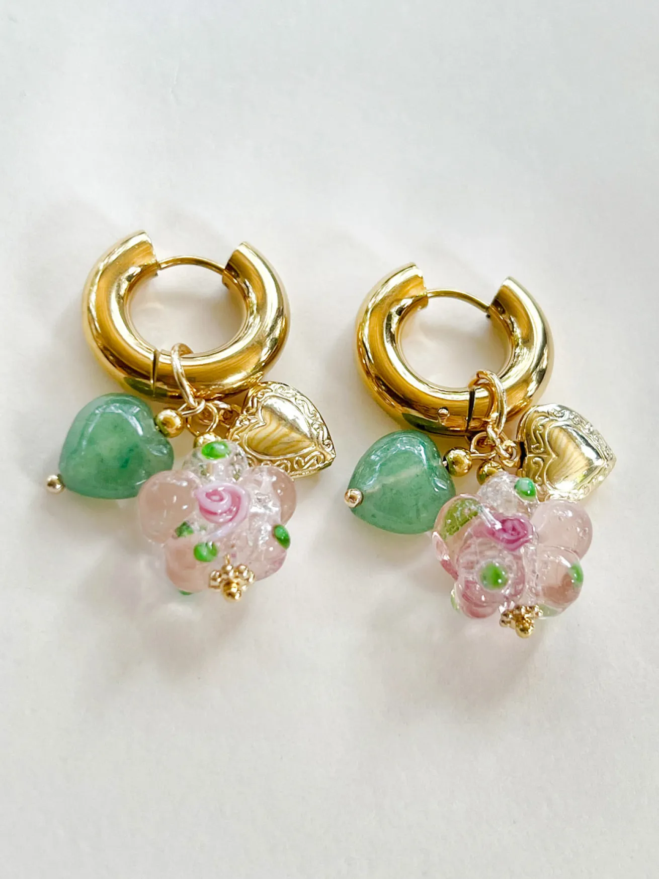 Pink Glass Flower Chunky Hoops - Heart Locket/Green Aventurine