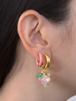Pink Glass Flower Chunky Hoops - Heart Locket/Green Aventurine