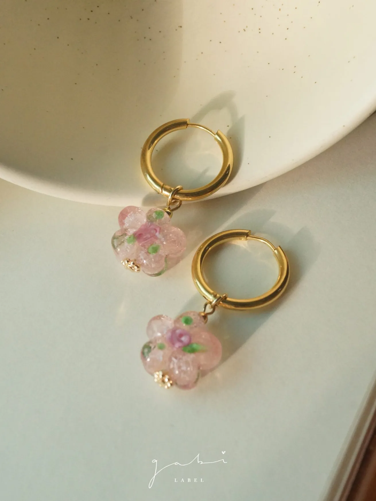 Pink Glass Flower Hoop Earrings